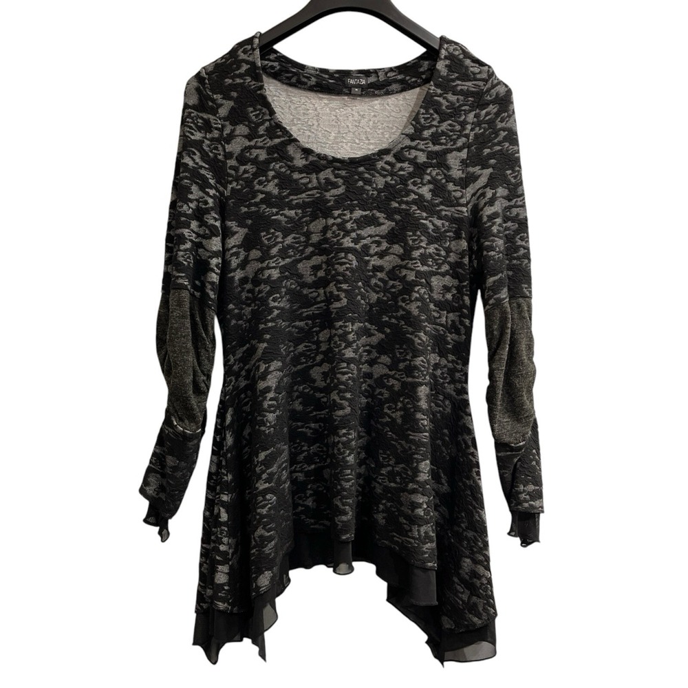 Fantazia Tunic Shirt Mini Dress‎ Womens M Black Floral Layered Mesh Asymmetrical